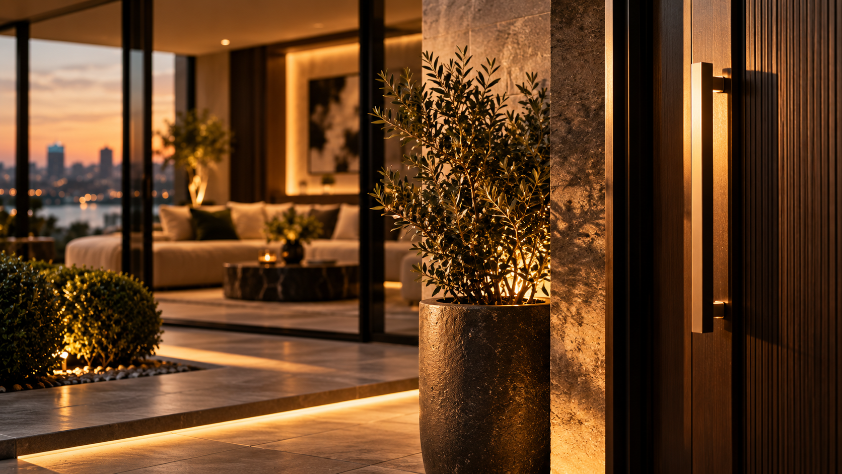 Lit entrance with olive tree in a stone planter beside a glazed living space