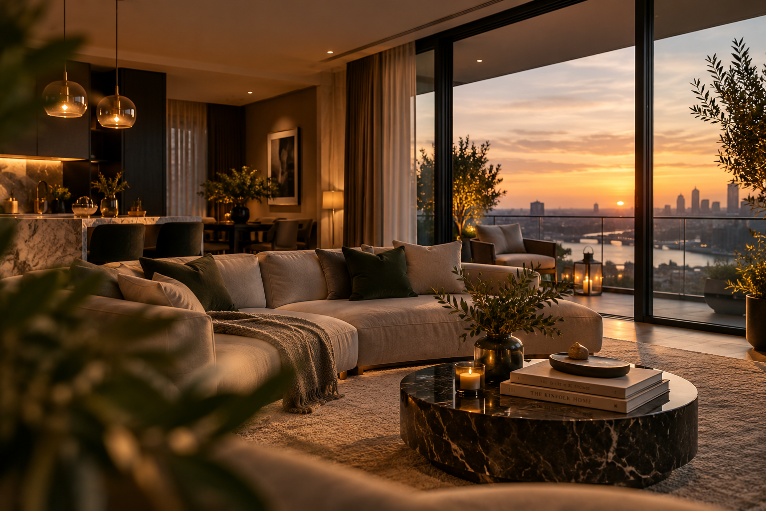Living room with curved sofa and floor-to-ceiling windows over a city at sunset