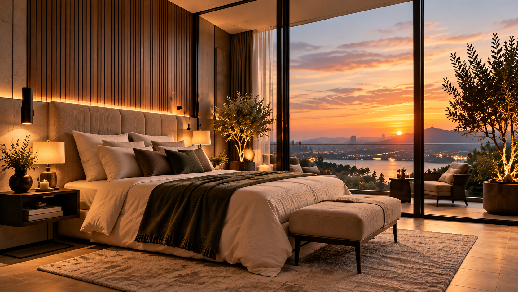 Warmly lit bedroom with floor-to-ceiling windows overlooking a sunset