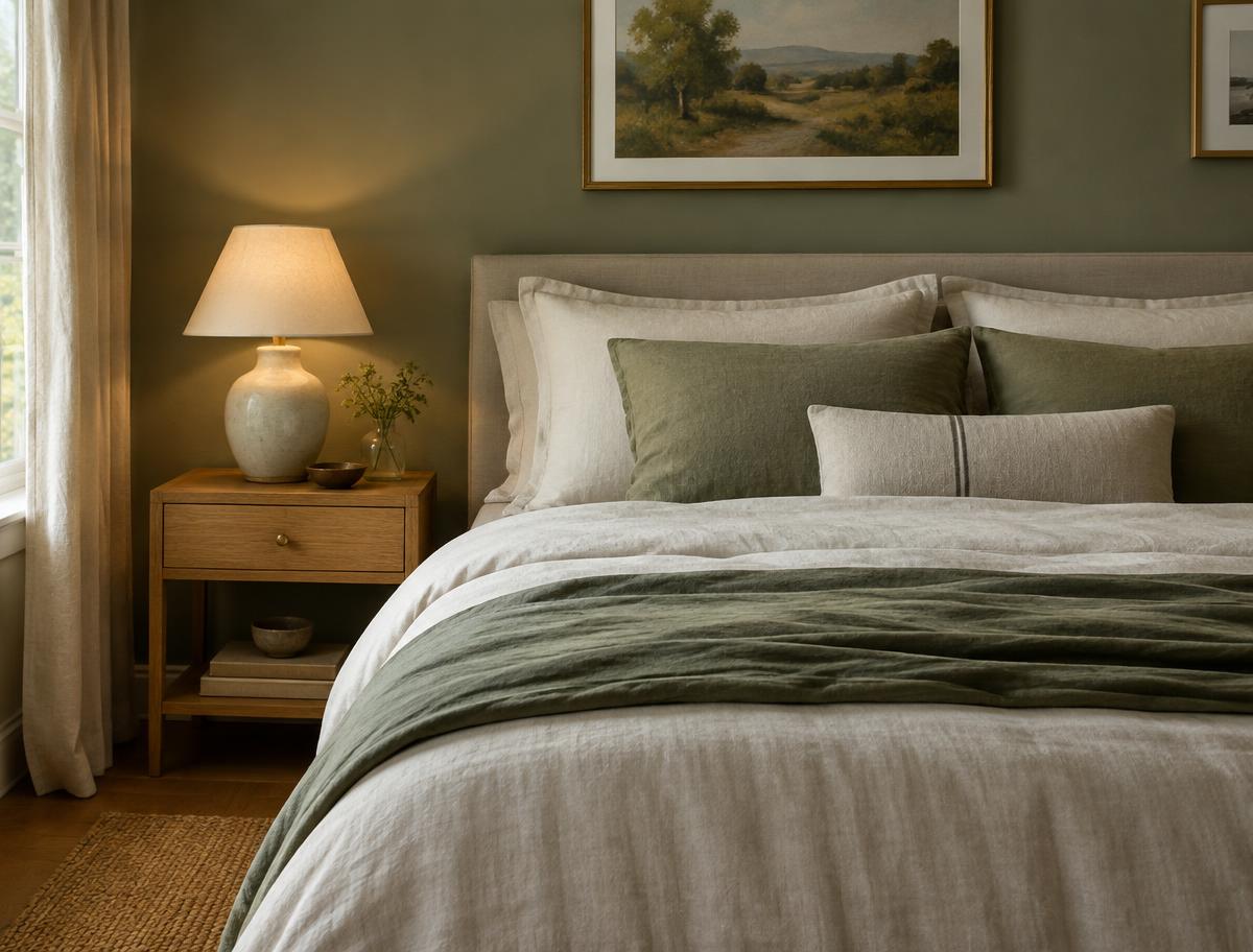 Linen-dressed bed in a calm sage bedroom