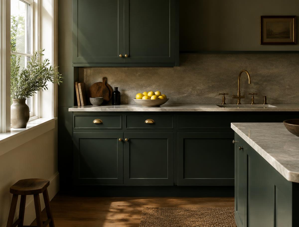 Deep green kitchen with stone worktop and brass details
