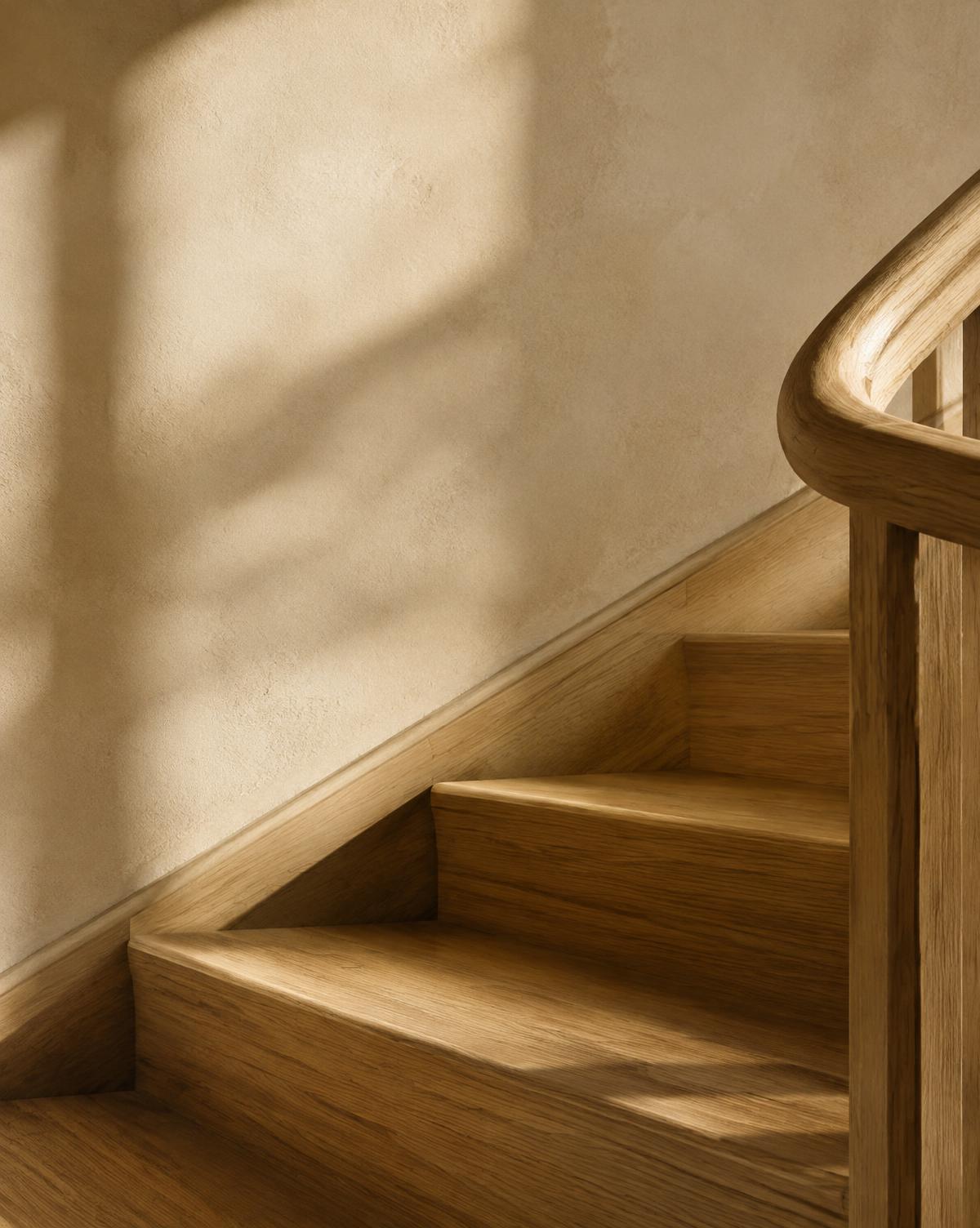 Oak staircase with soft afternoon shadows